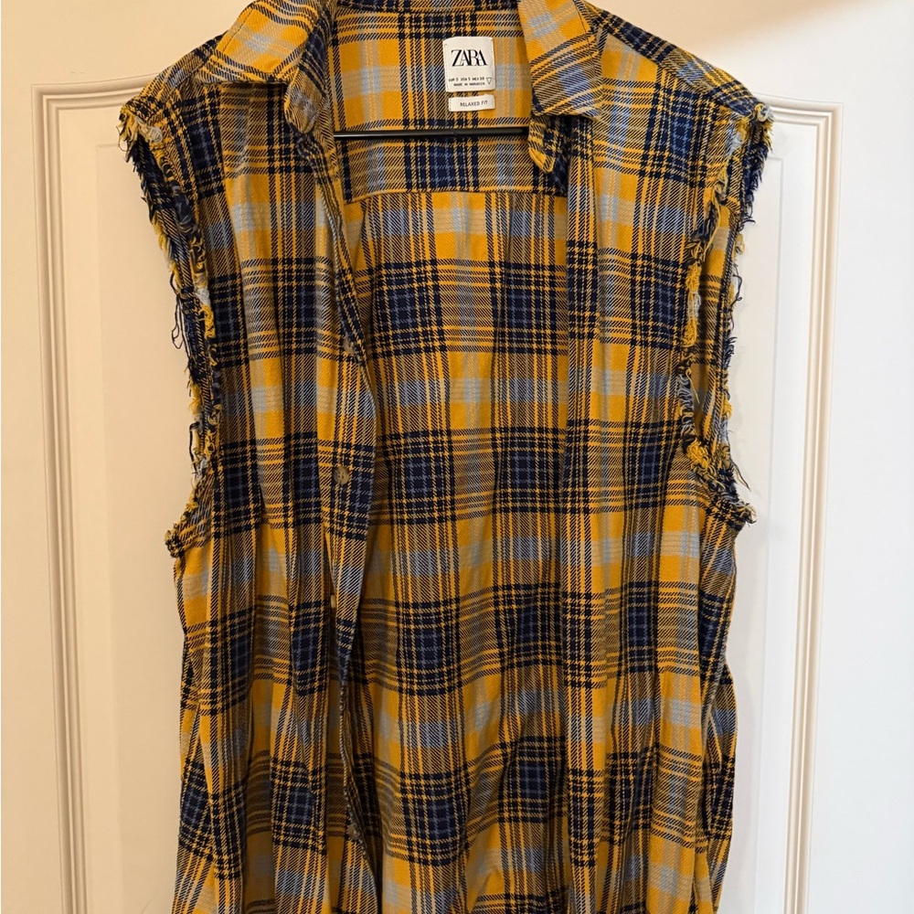 Zara Sleeveless Yellow and Blue Plaid Shirt